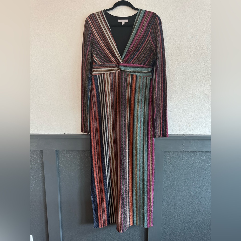 Chelsea 28 XL Shimmer Stripe Maxi Gown Long Sleeve Twist Waist Formal